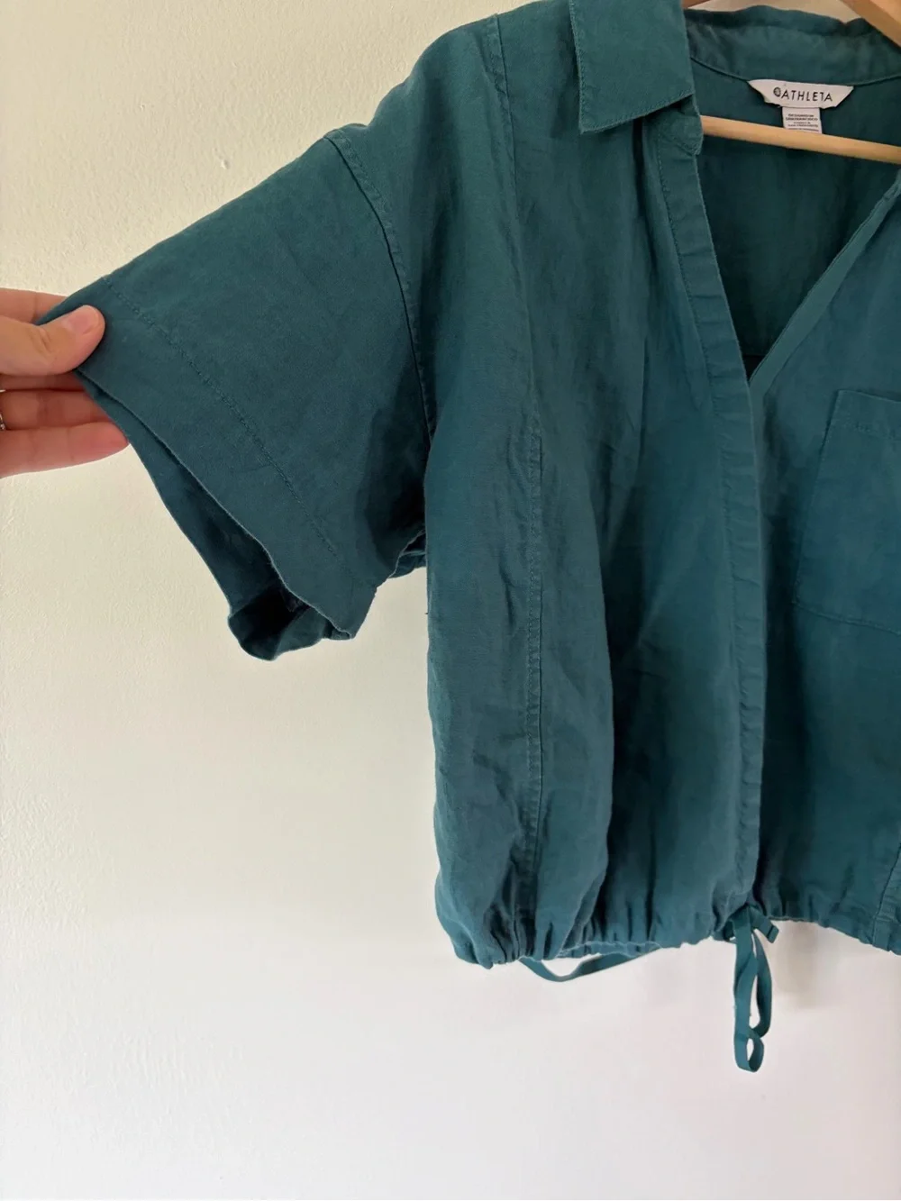Athleta Playa Linen Tie True Wrap Short Sleeve Top In Borealis Green Size Large - Picture 3 of 14